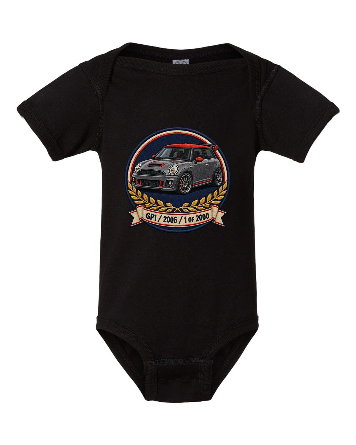 Varsity crest for the Mini Cooper GP1 2006, 1 of 2000 black baby onesie front view with the design