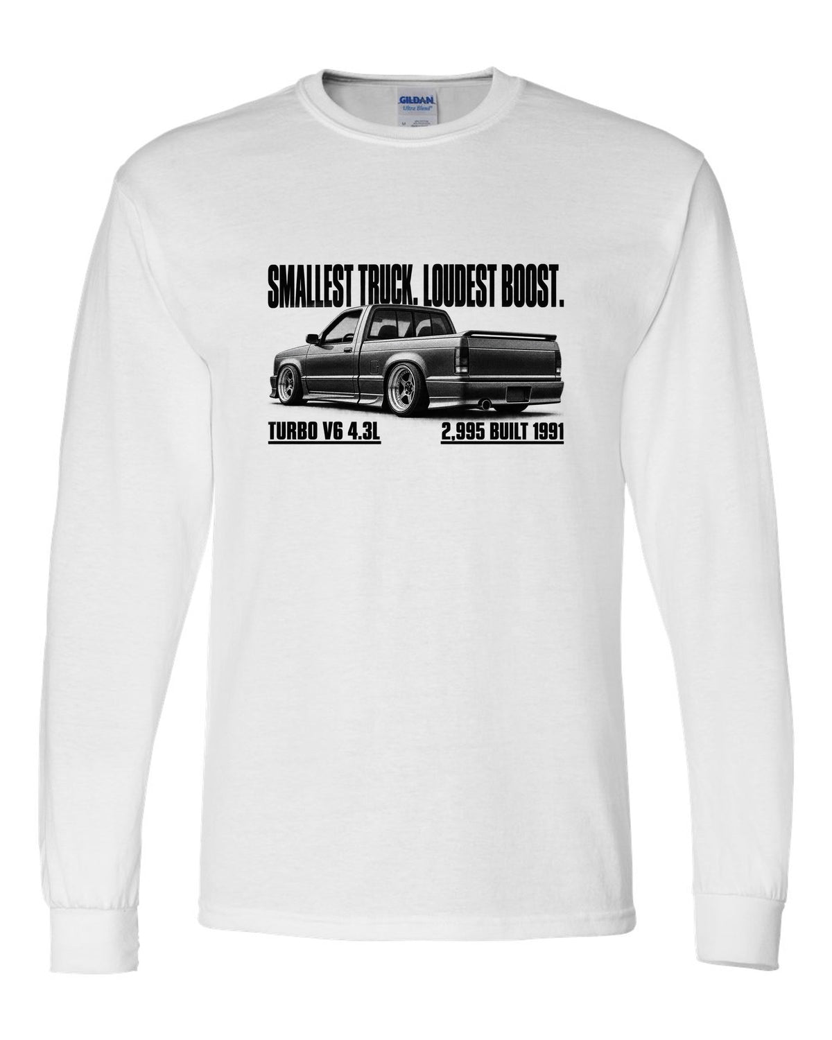 1991 GMC Syclone halftone profile with boost headline, print white long sleeve front view with the design