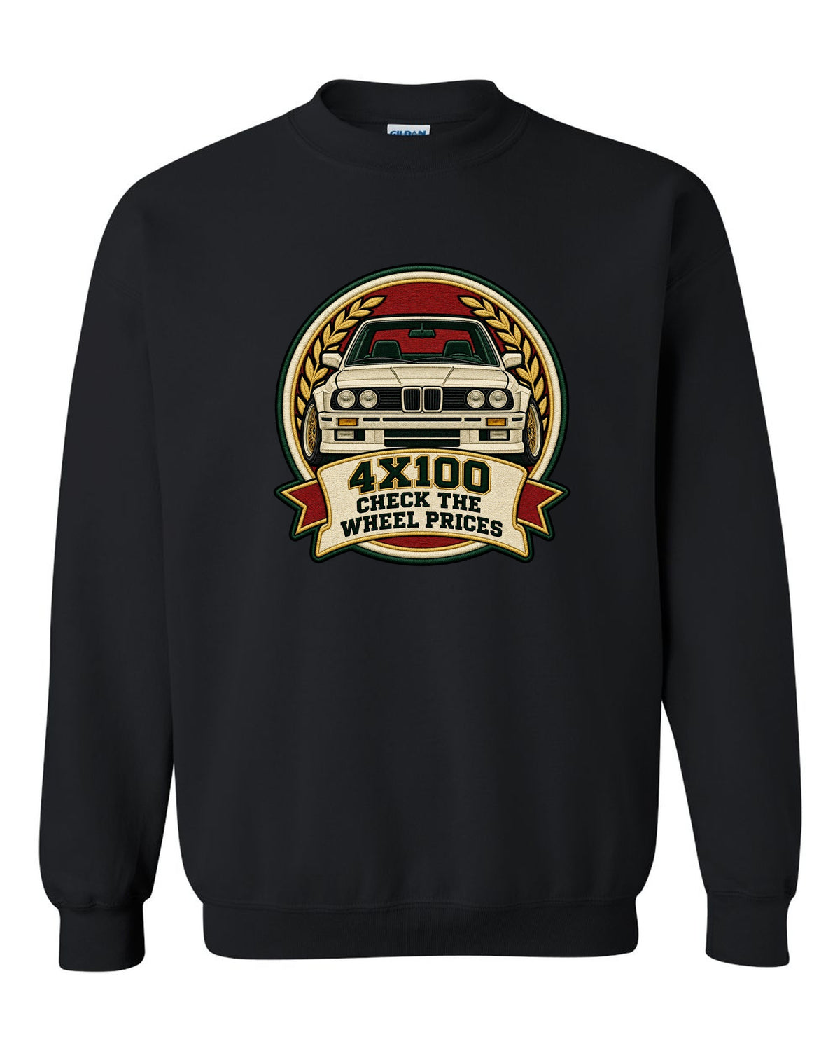 Varsity crest style print of a BMW E30 M3 with 4X100 wheel price joke text black crewneck front view with the design