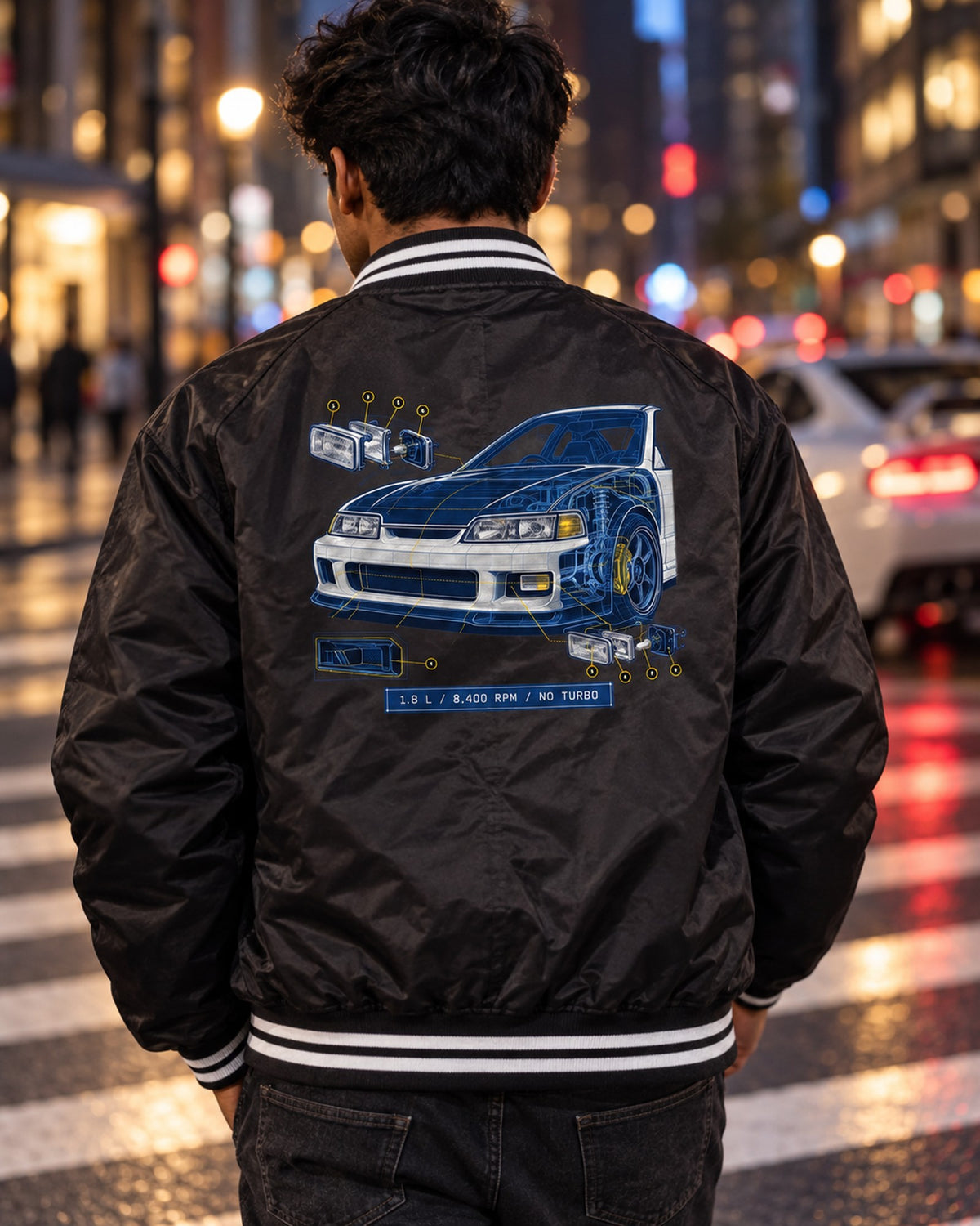 Honda Integra Type R DC2 B18C Blueprint Shirt, 8,400 RPM Bomber Jacket Black worn hero