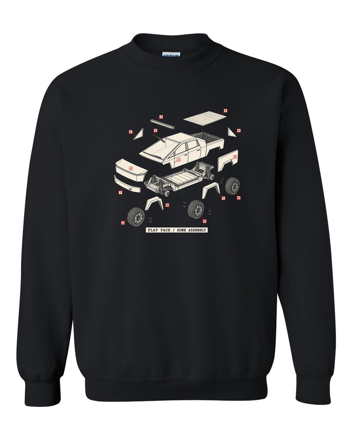 Isometric exploded-view patent drawing of a 2023 Tesla Cybertruck with the words Flat Pack Some Assembly black crewneck front view with the design