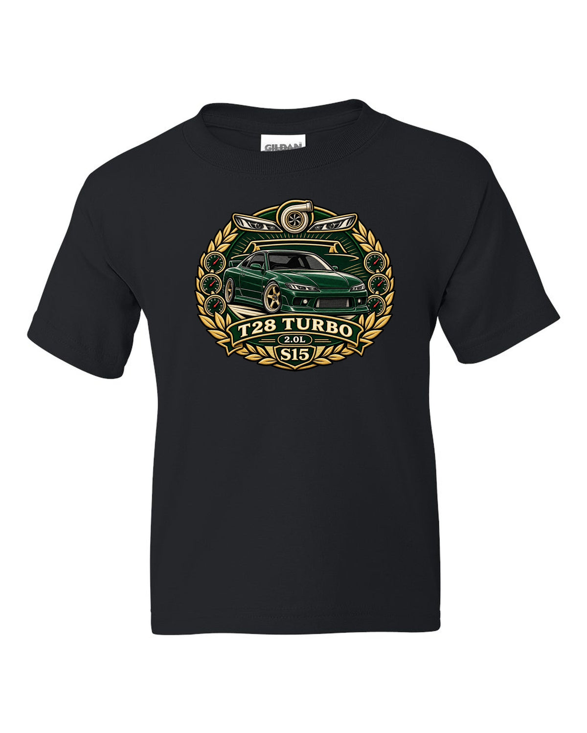 Round crest print for the Nissan Silvia S15 with turbo 2.0L engine lettering black kids tee front view with the design