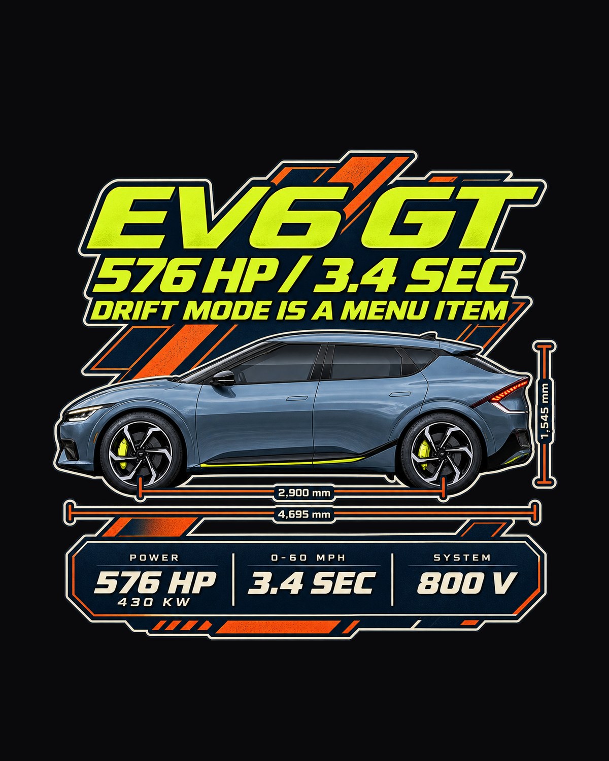 Kia EV6 GT Spec Poster Shirt, 576 HP Drift Mode Menu Joke design only