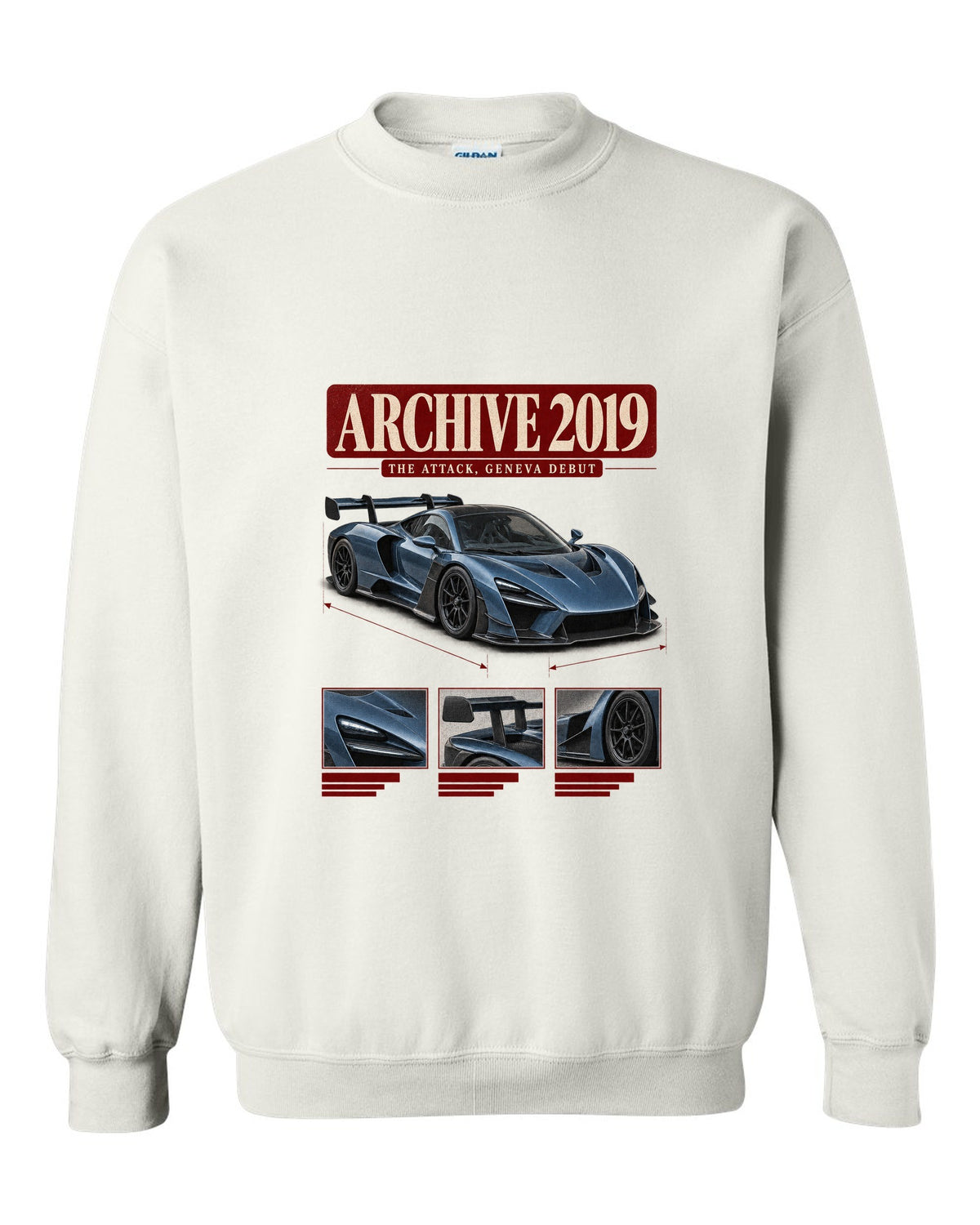 Archive panel design of the Koenigsegg Jesko Attack front three-quarter, print white crewneck front view with the design