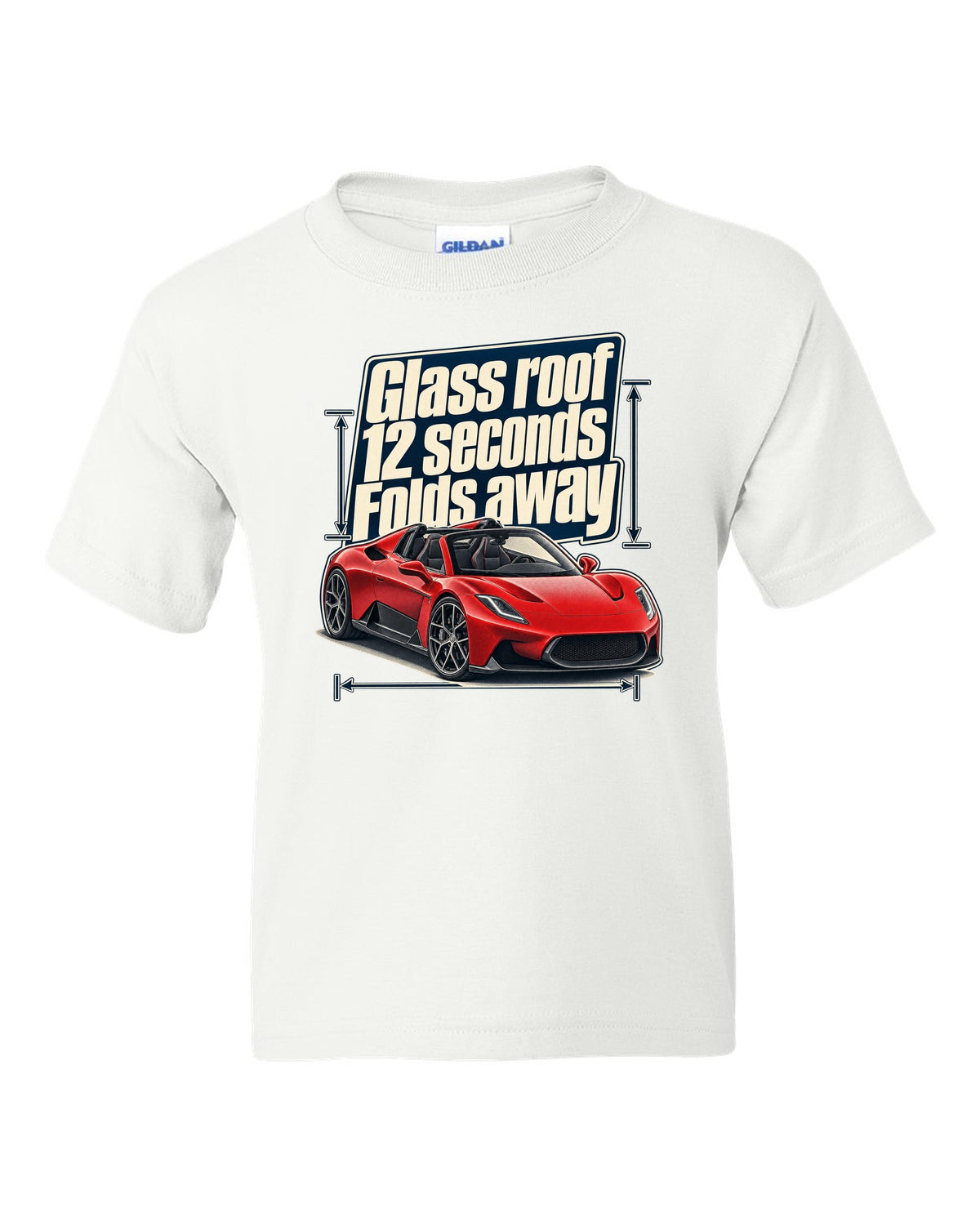 Maserati MC20 Cielo editorial headline print on a shirt white kids tee front view with the design