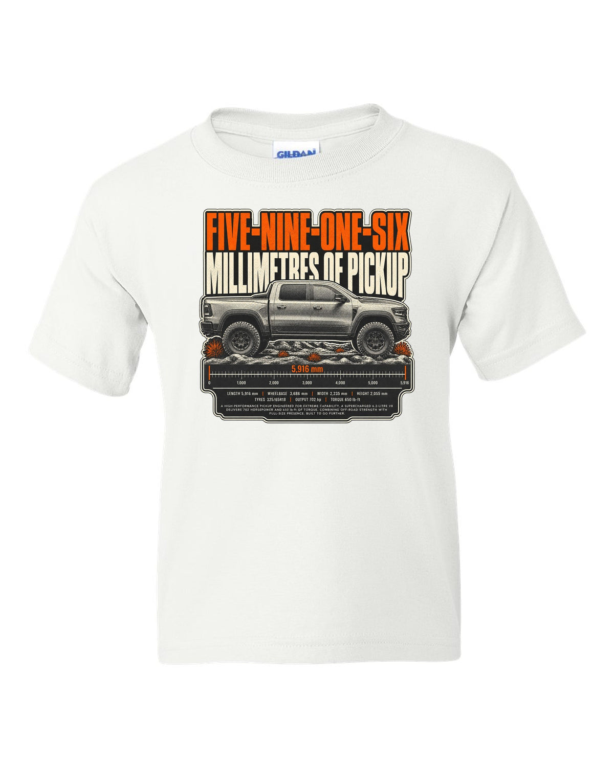 Ram 1500 TRX halftone print with 5916 millimetres text white kids tee front view with the design