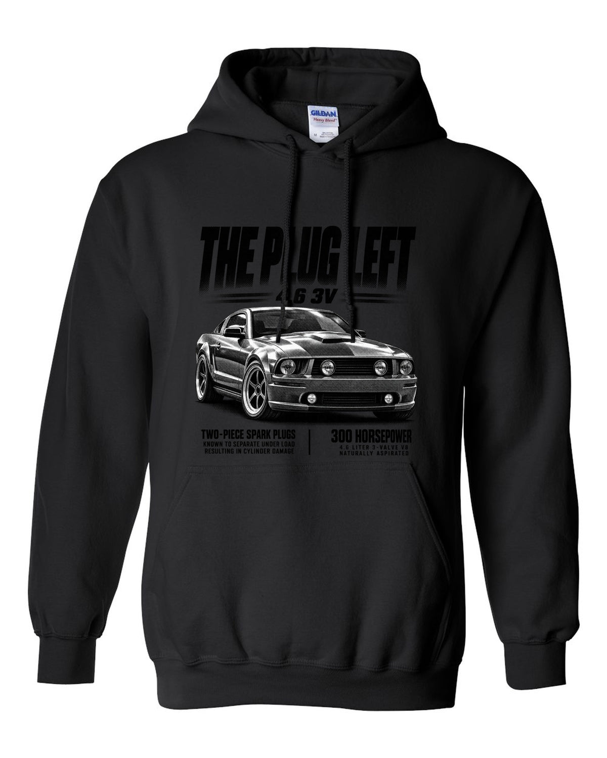 Halftone print of a 2005-09 Ford Mustang S197 GT with 4.6 3V text black pull over hoodie front view with the design