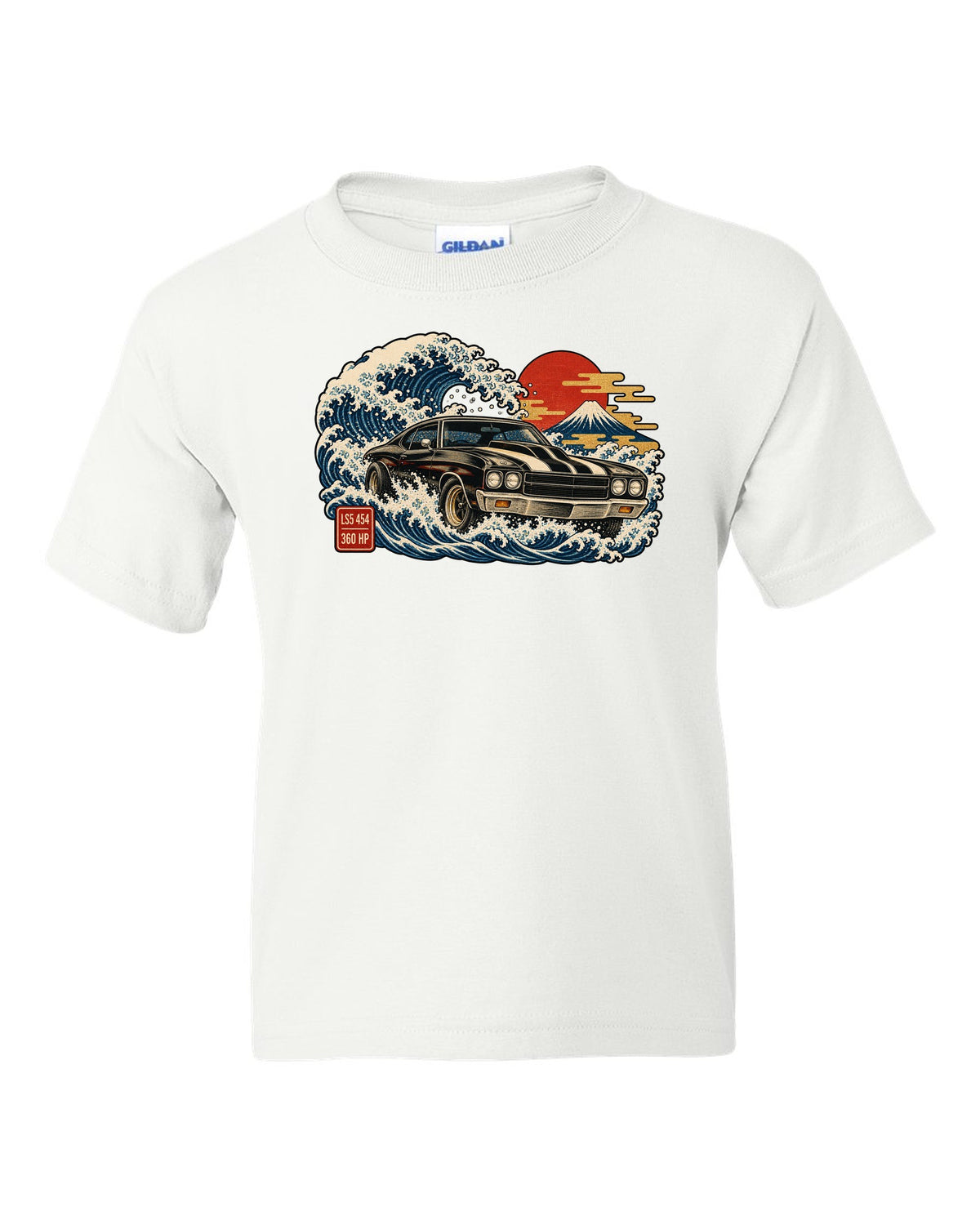 1970 Chevelle SS on a great wave in ukiyo-e woodblock style with text LS5 454 360 HP white kids tee front view with the design