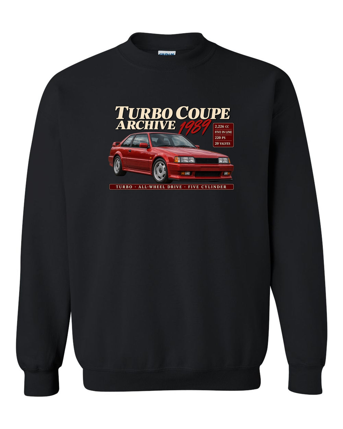 Audi Ur-Quattro 20V 1989 front three-quarter in archive panel with 2,226 cc text black crewneck front view with the design
