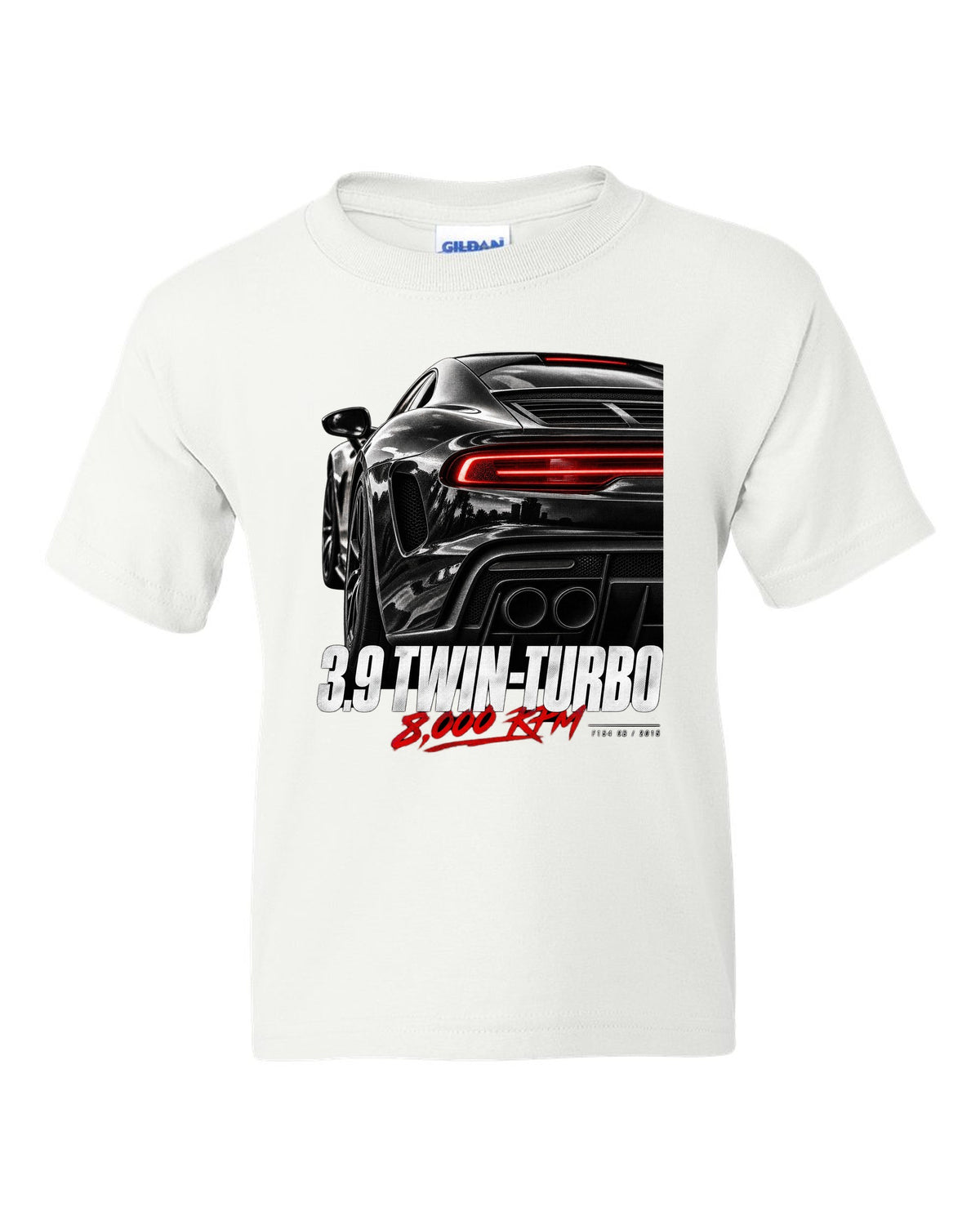 Macro print of a Ferrari 488 GTB rear with 3.9 twin-turbo and 8,000 rpm text white kids tee front view with the design