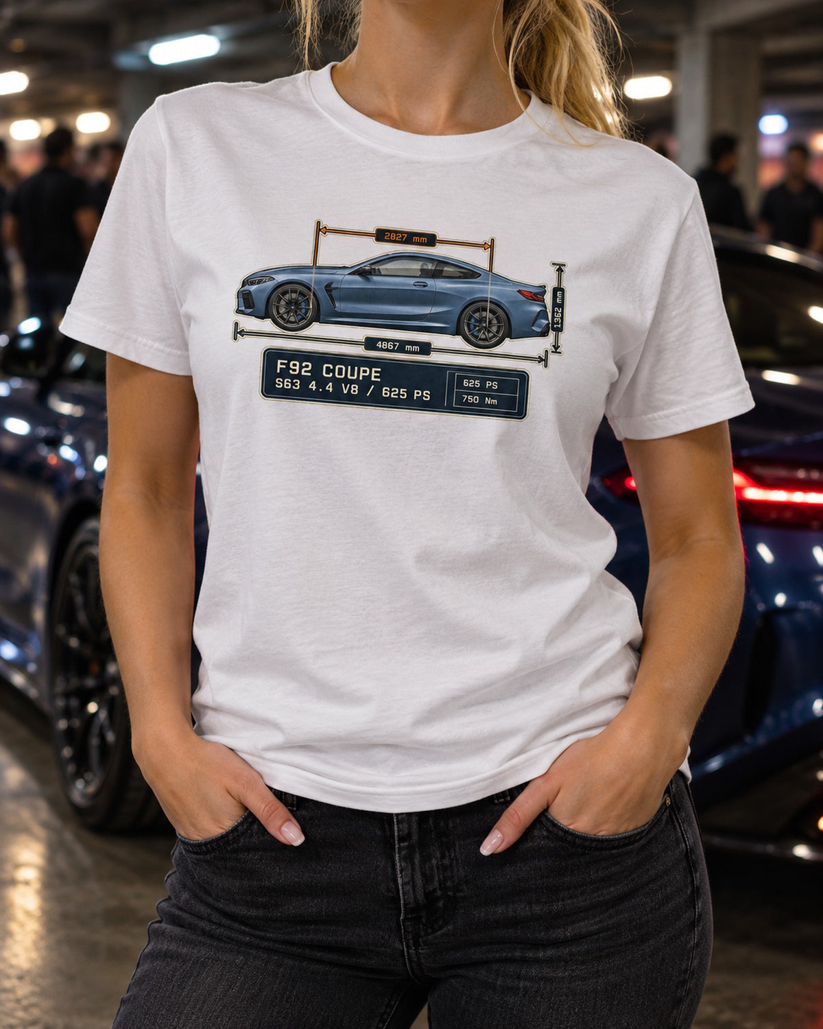 BMW M8 Competition Coupe F92 Dimension Blueprint Shirt T-Shirt White worn hero