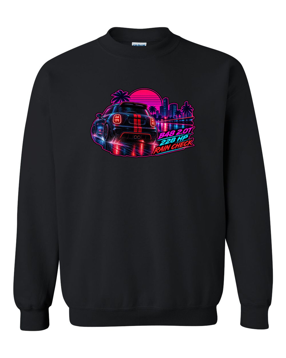 Synthwave print of a Mini JCW F56 rear with Union Jack tail lights and B48 228 HP text black crewneck front view with the design