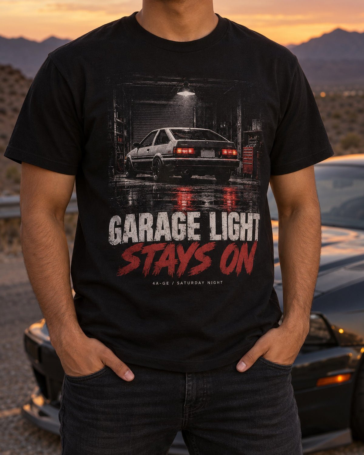 AE86 Sprinter Trueno Garage Night print Tee T-Shirt Black worn hero