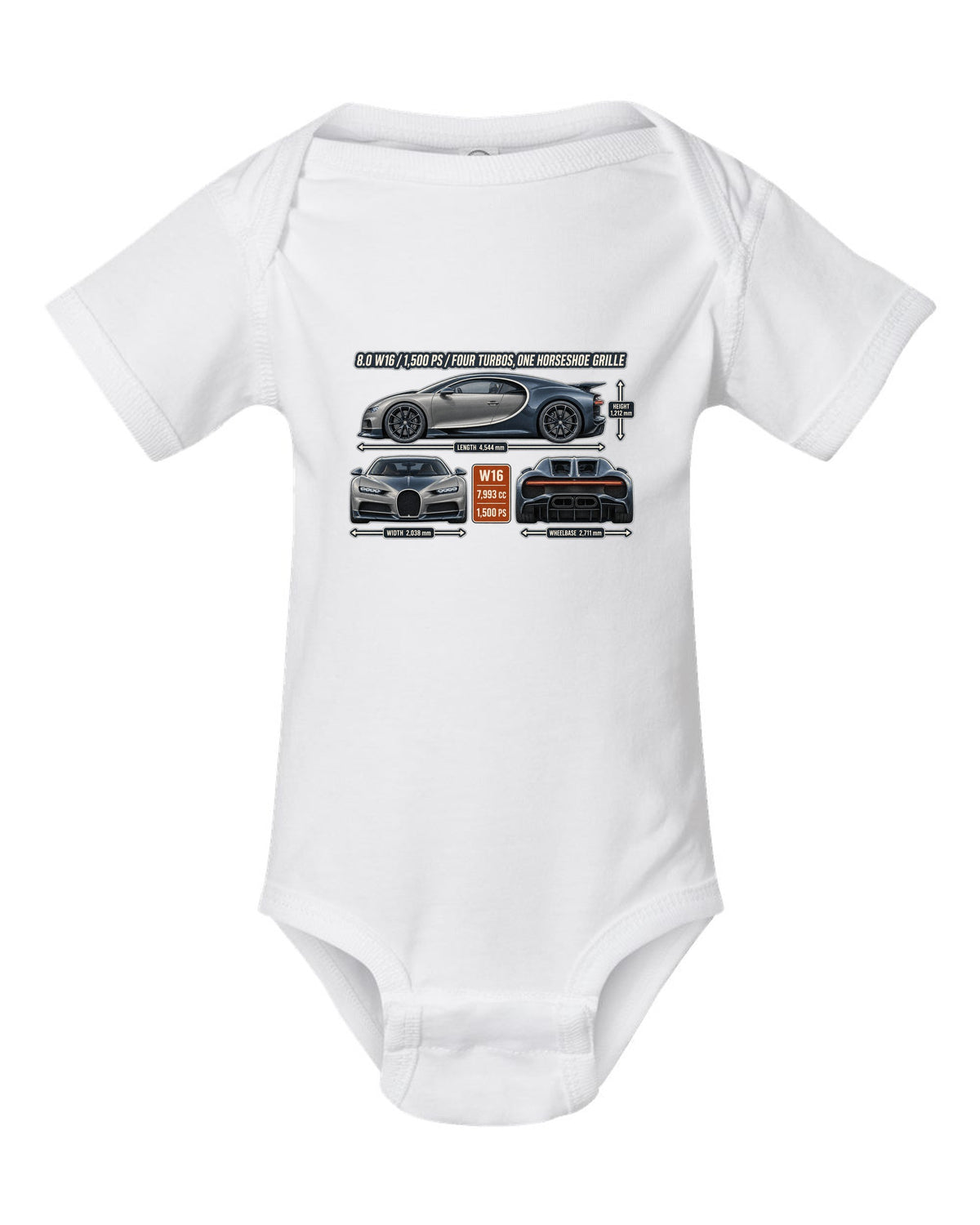 print three-view drawing with spec table of a Bugatti Chiron in slate blue white baby onesie front view with the design