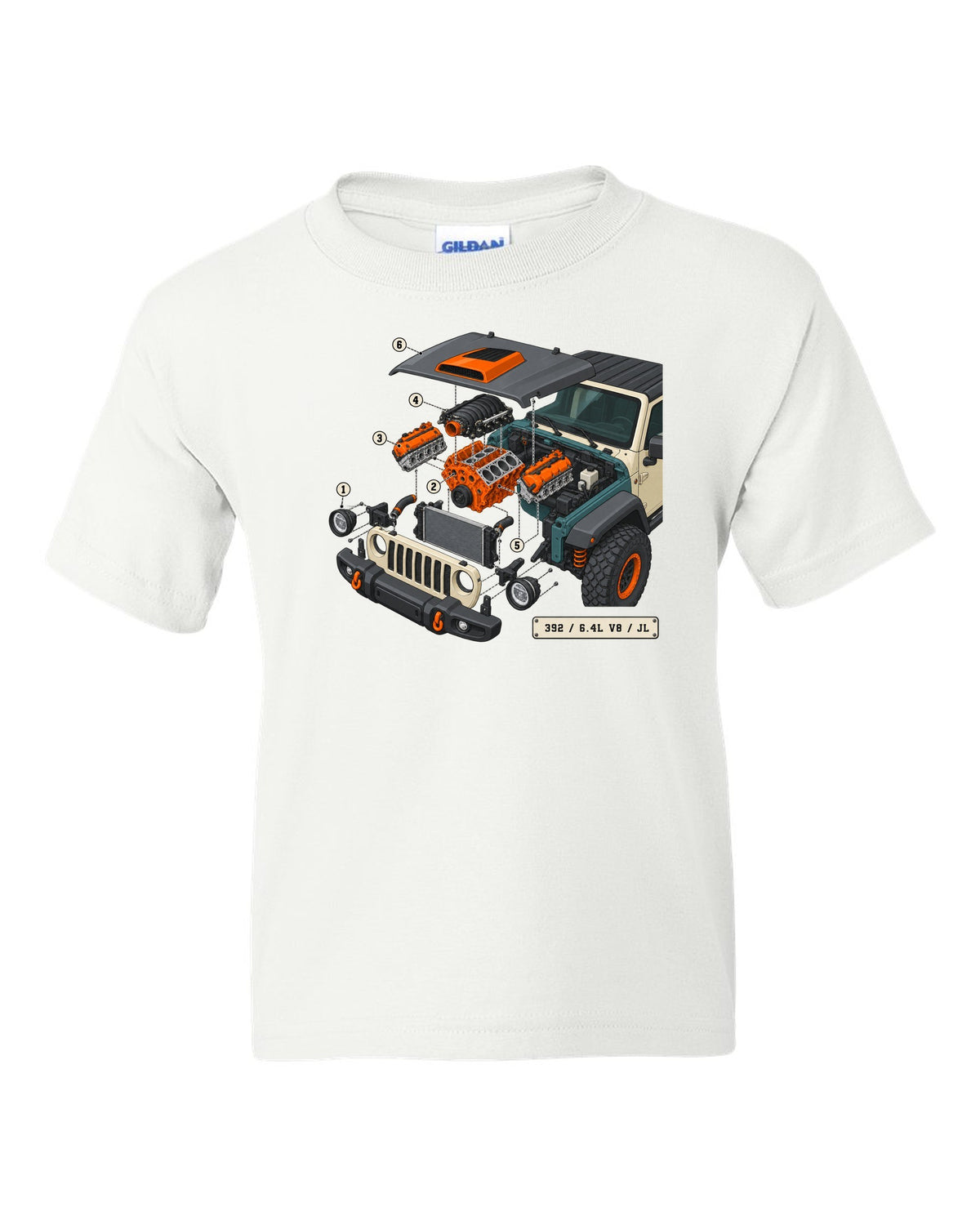 Jeep Wrangler JL Rubicon 392 6.4L V8 isometric exploded engine diagram with callouts white kids tee front view with the design