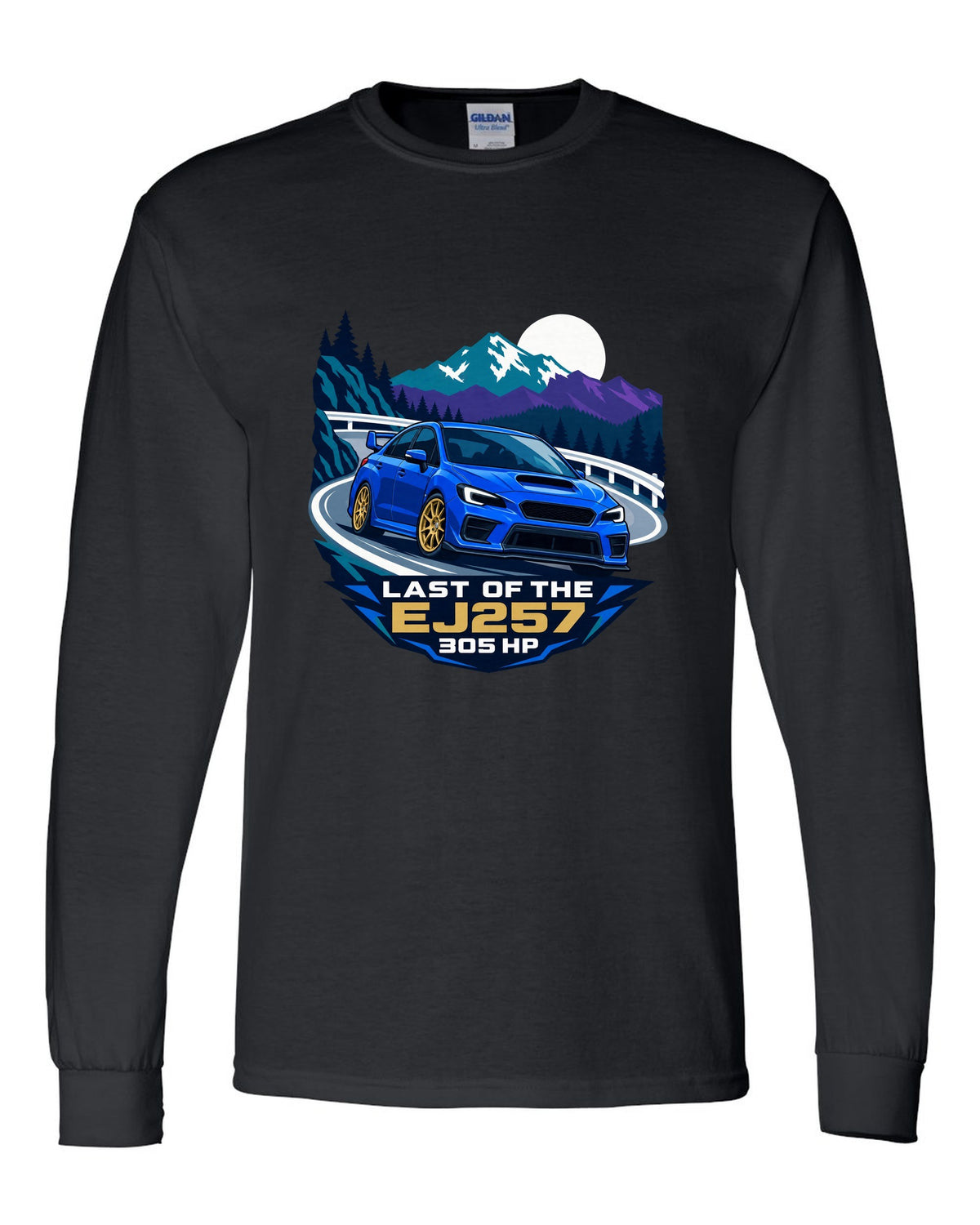 Flat vector minimalist Subaru WRX STI VAB on a hairpin corner black long sleeve front view with the design