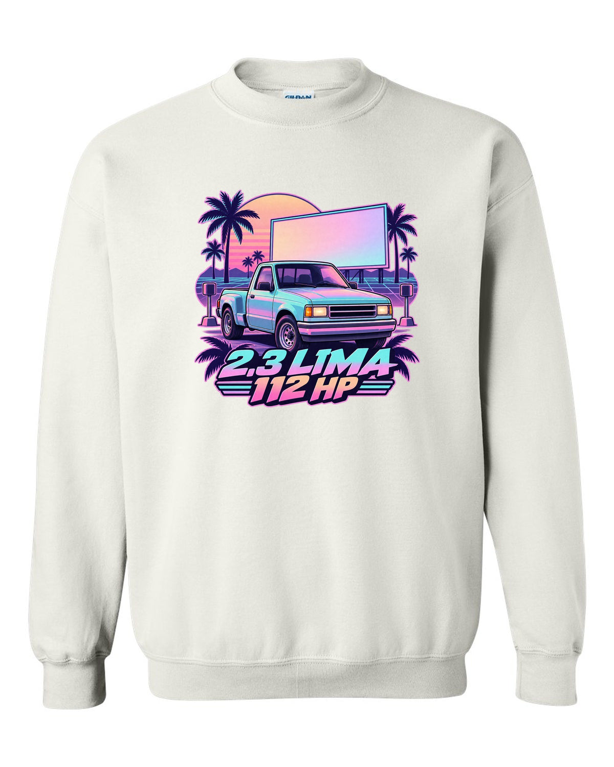 Ford Ranger 1995 stepside at a drive-in in a vaporwave pastel print white crewneck front view with the design