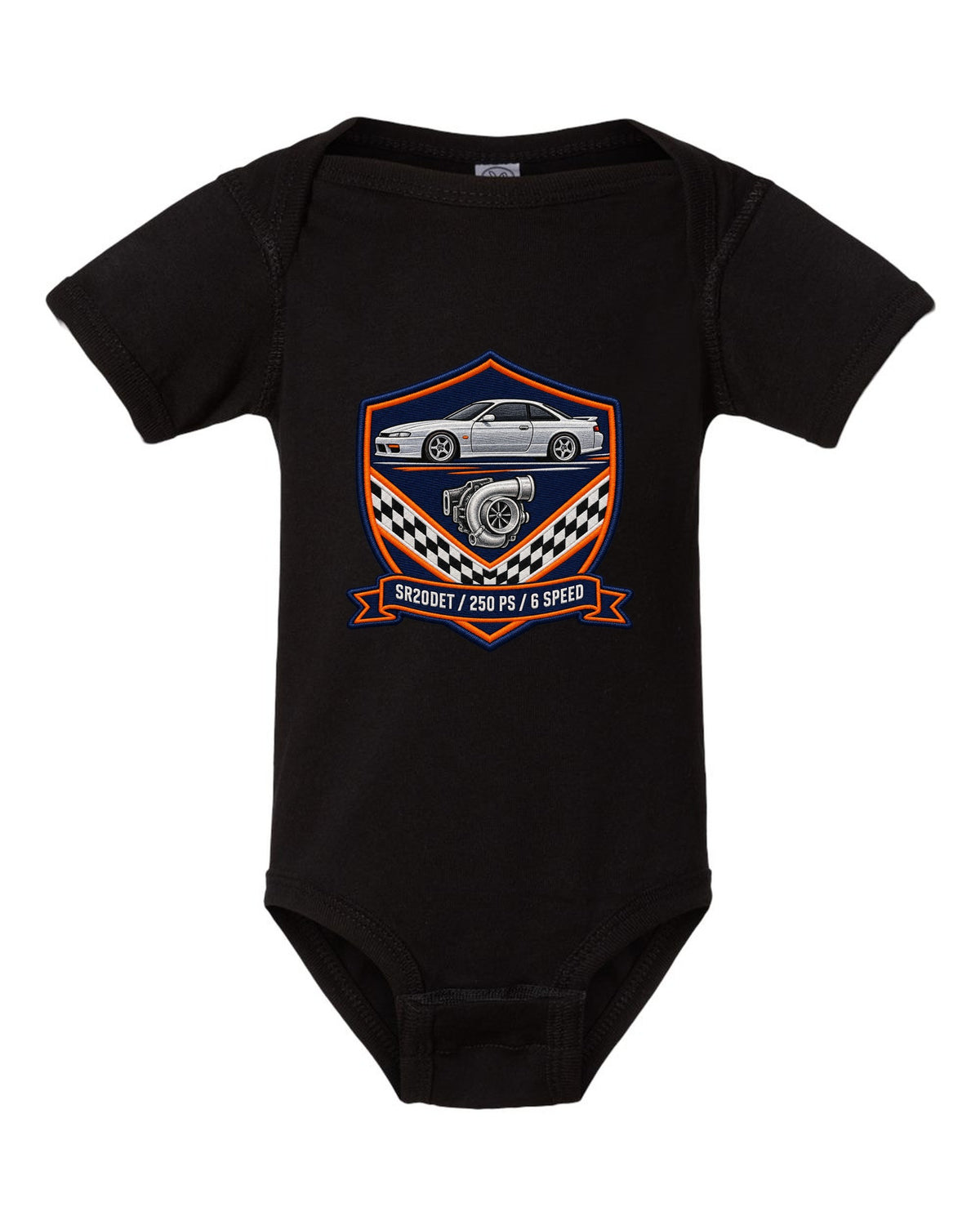 Embroidery-style shield crest print for the Nissan Silvia S15 with SR20DET 250 PS 6 speed lettering black baby onesie front view with the design