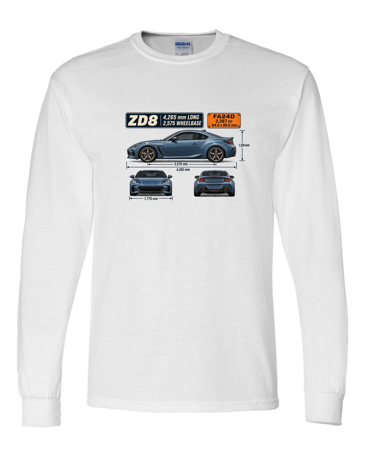 Blueprint-style dimension drawing of a Subaru BRZ ZD8 with length and wheelbase callouts white long sleeve front view with the design