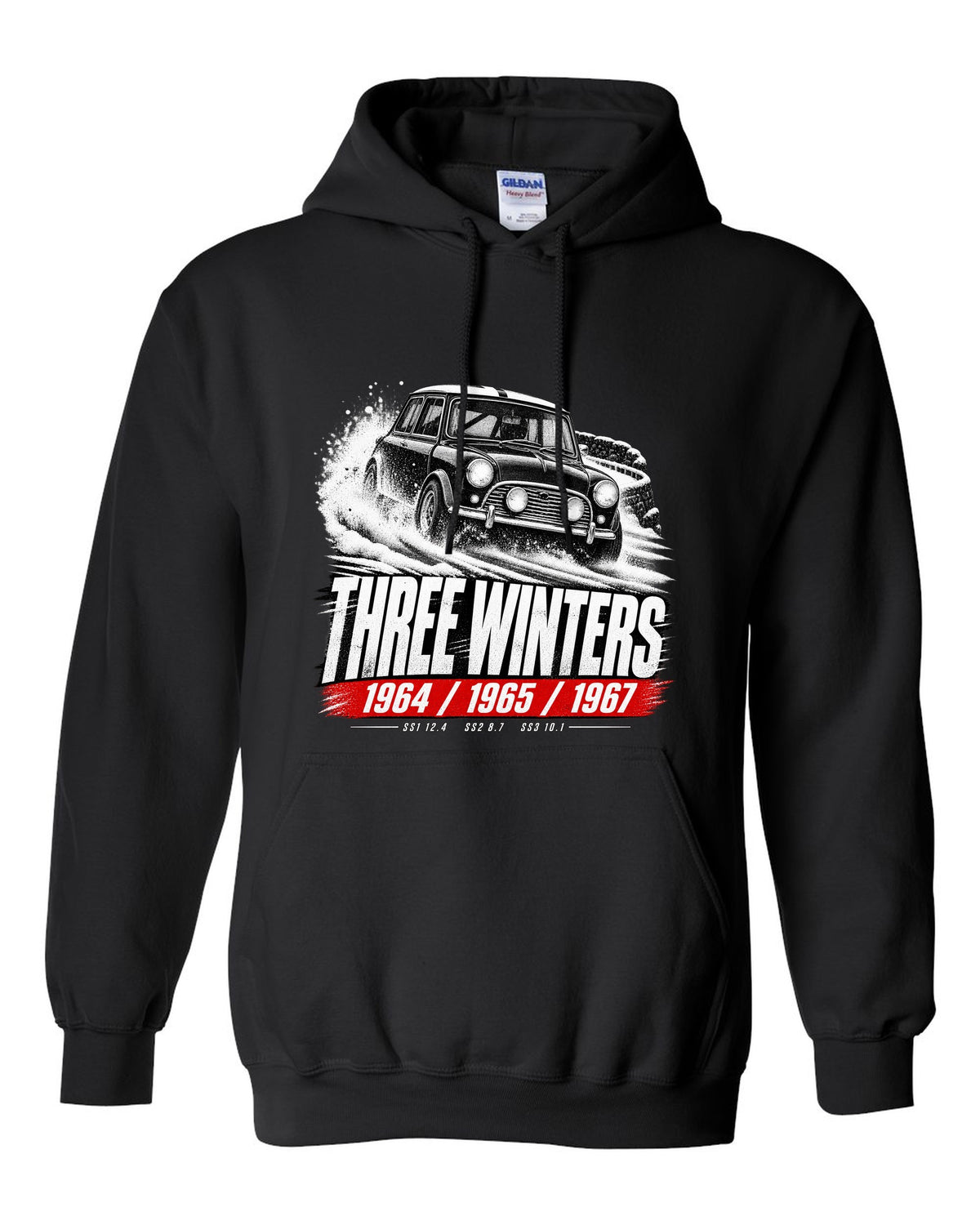 Race poster print of a 1964 Classic Mini Cooper S Mk I rally car with three winters text black pull over hoodie front view with the design
