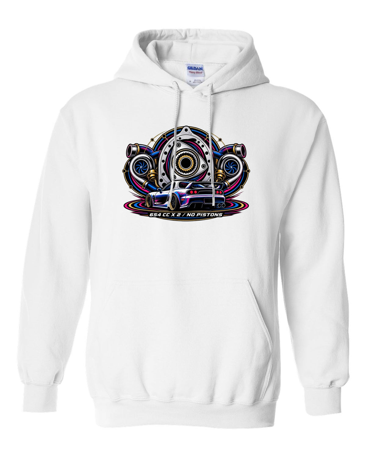 Two-colour riso style rear view print of a Mazda RX-7 FD3S with text $800, FD3S, Runs white pull over hoodie front view with the design