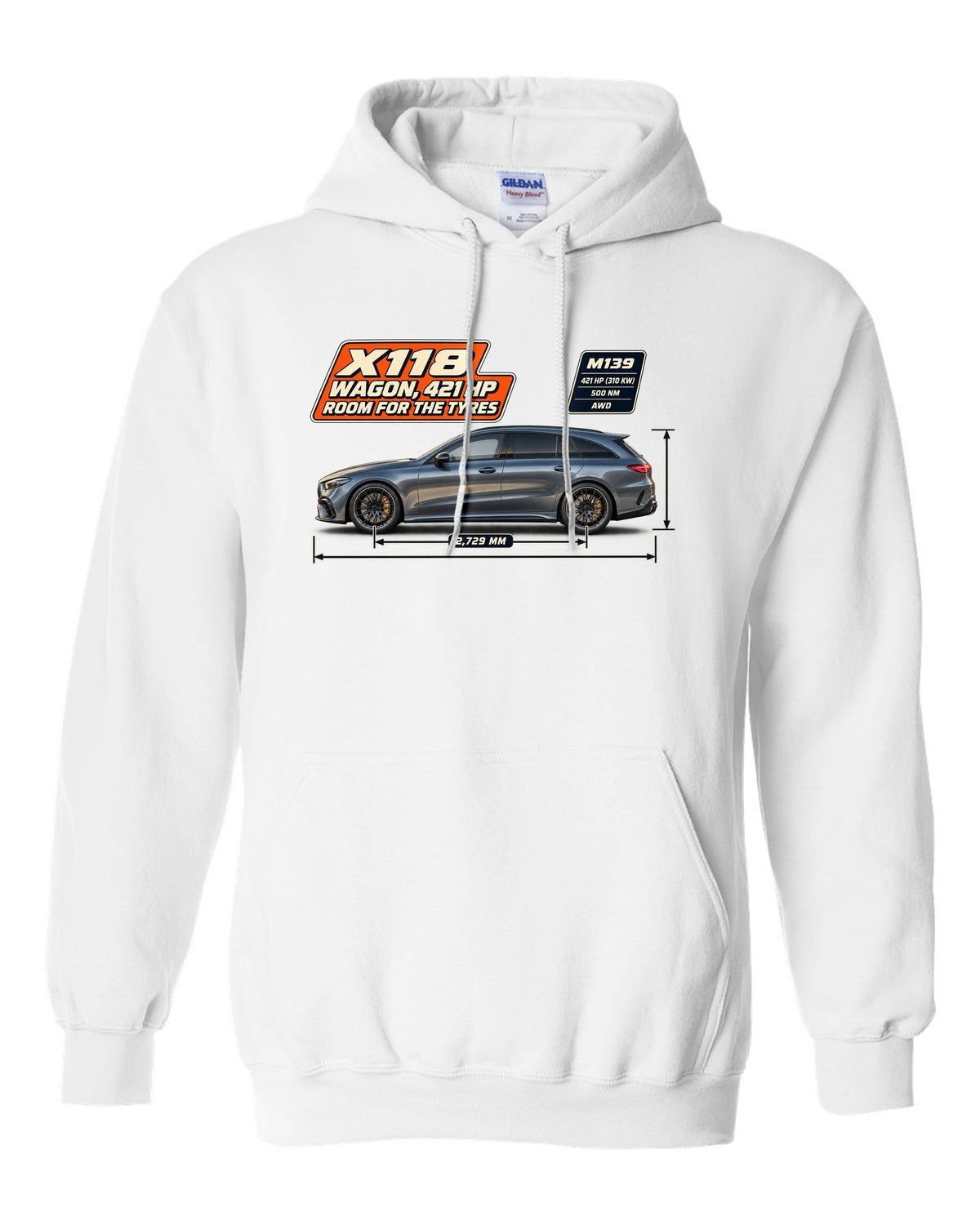 Mercedes-AMG CLA 45 S Shooting Brake X118 wagon spec poster print white pull over hoodie front view with the design