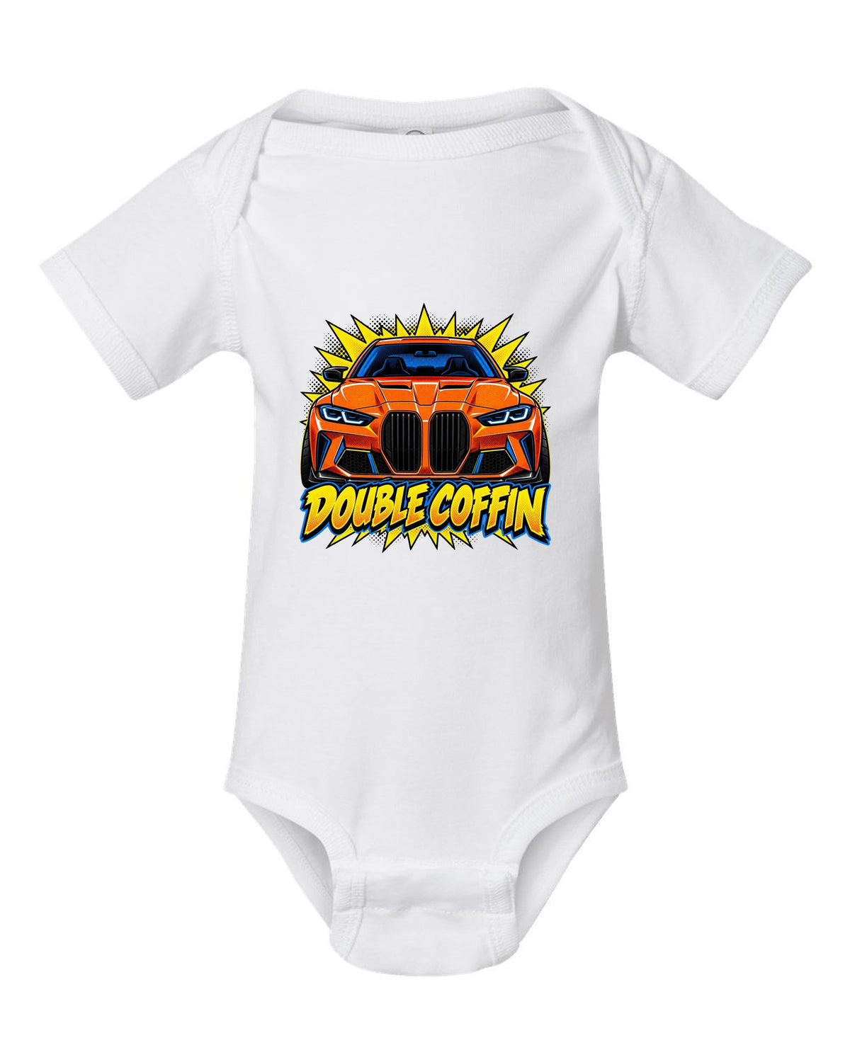 BMW G80 M3 head-on comic halftone pop art print with Double Coffin text white baby onesie front view with the design