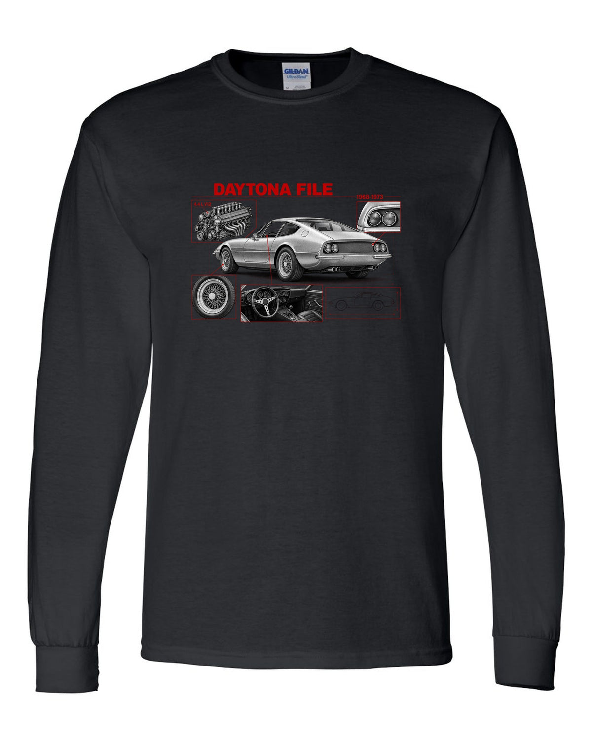 Engine hero print of a Ferrari 365 GTB/4 Daytona V12 with six twin-choke Weber carburettors black long sleeve front view with the design