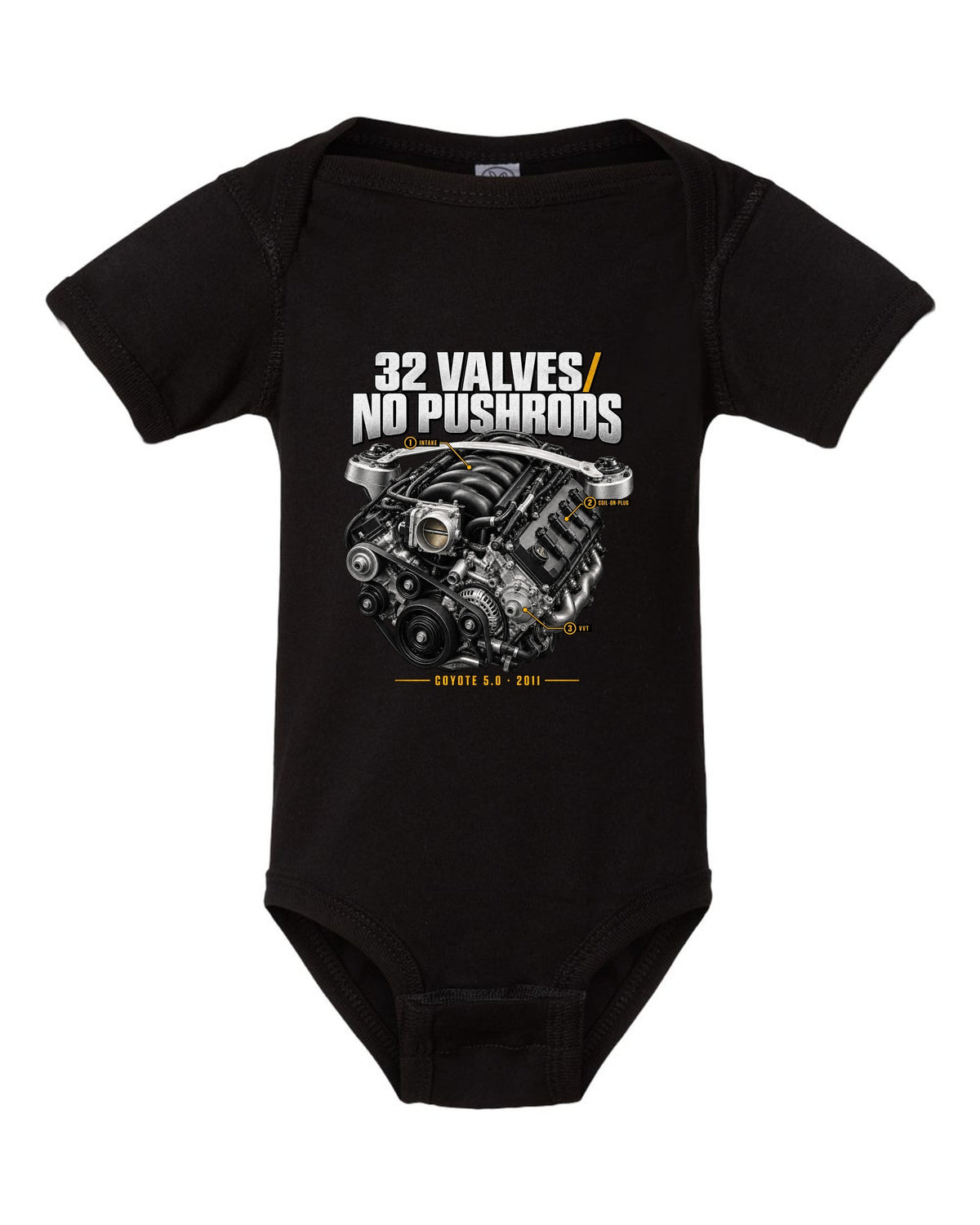 print of a Ford Mustang S197 GT 5.0 Coyote engine bay with callouts black baby onesie front view with the design