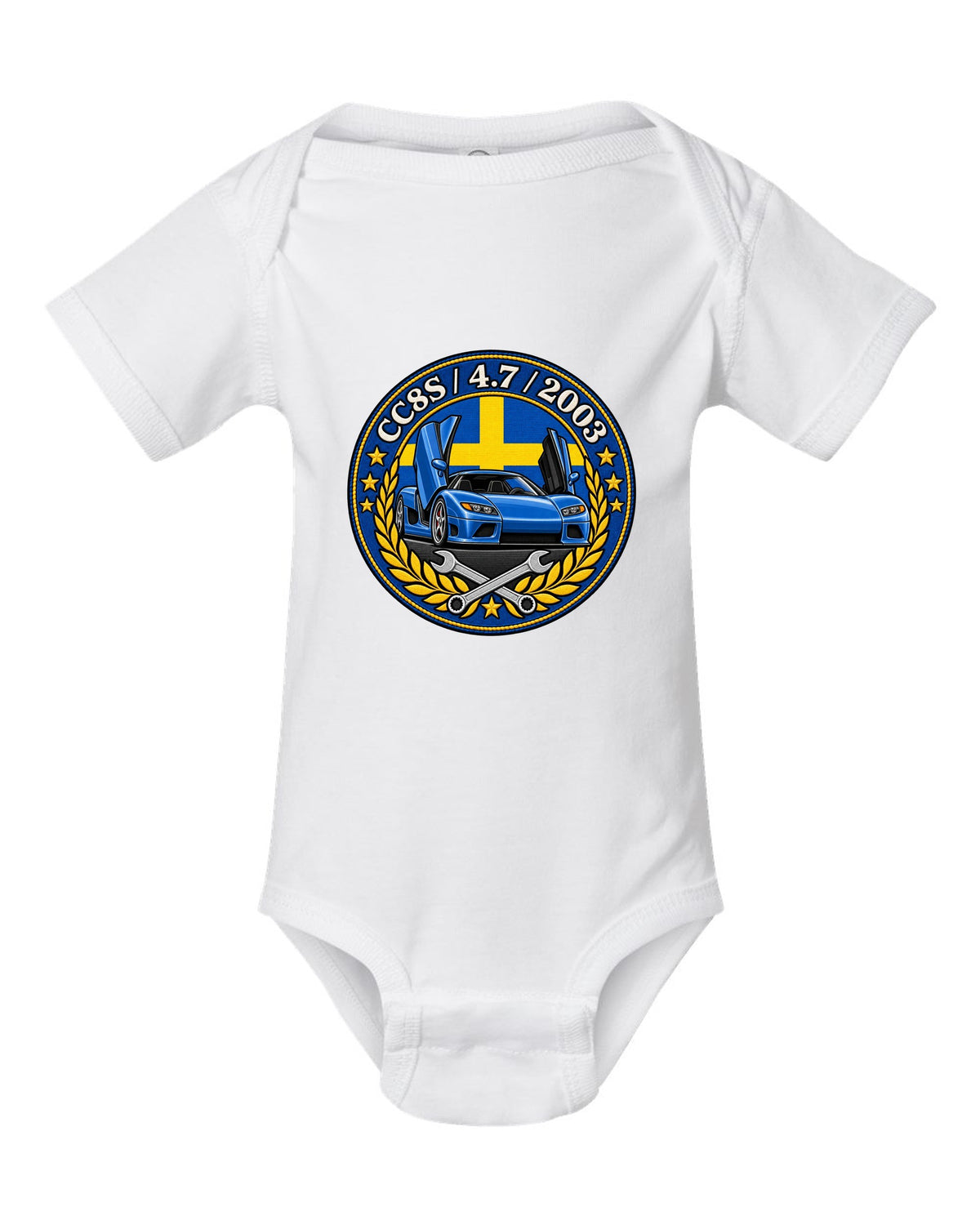 Varsity-style garage crest design for the Koenigsegg CC8S with CC8S 4.7 2003 lettering white baby onesie front view with the design