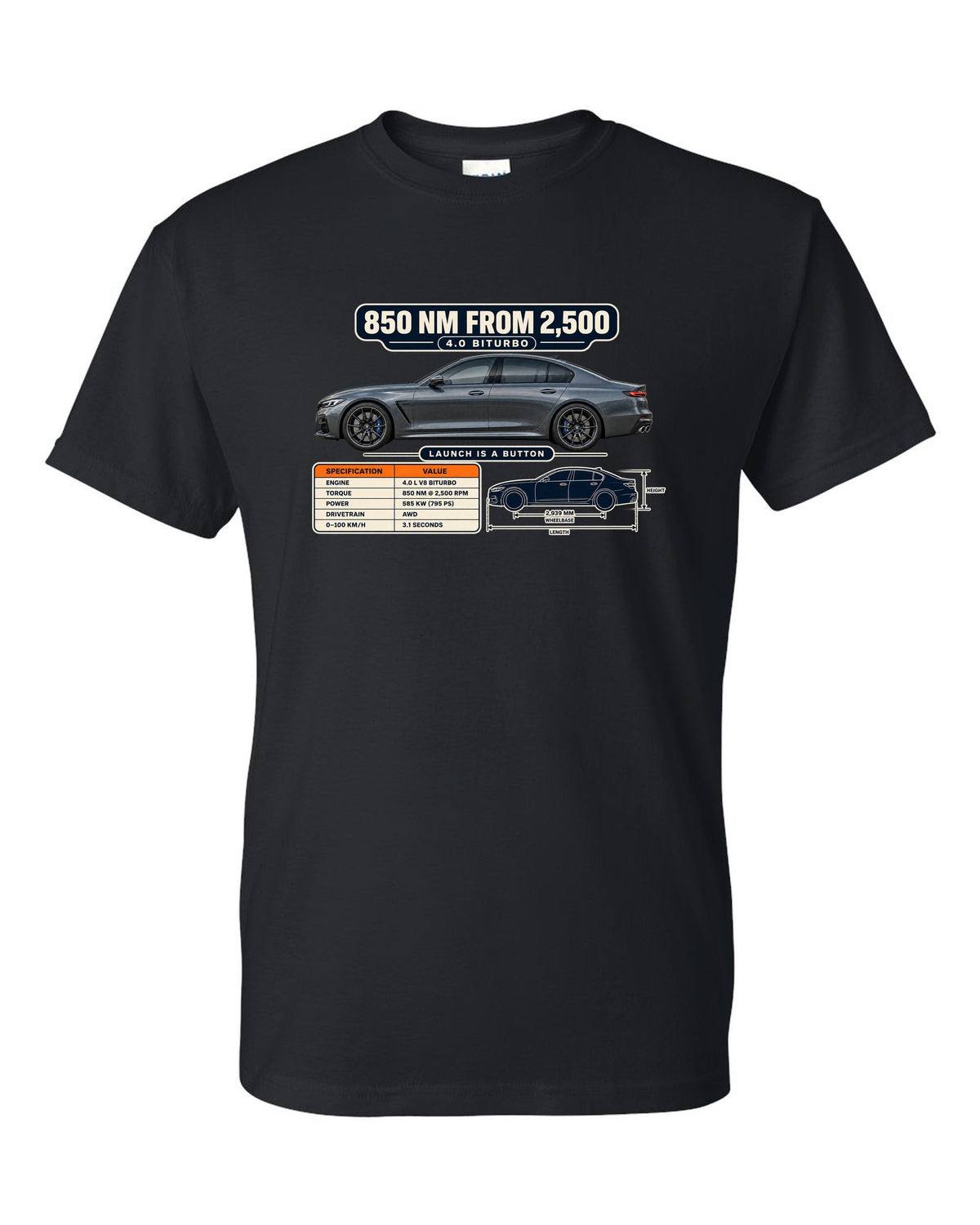Spec poster print of a Nardo-style grey Mercedes-AMG E63 S W213 facelift black t-shirt front view with the design