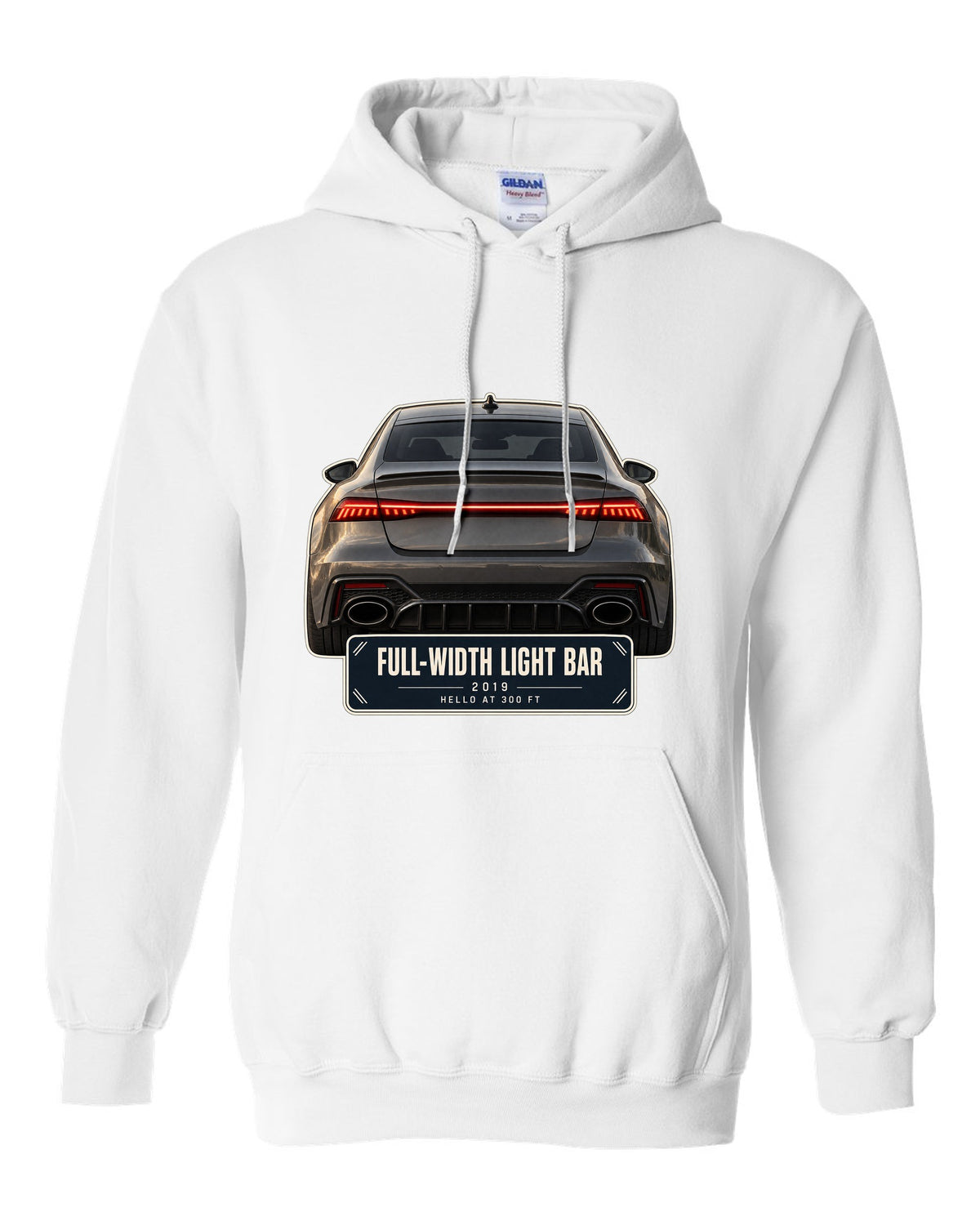 Taillight macro of the Audi RS7 Sportback C8 full-width light bar white pull over hoodie front view with the design