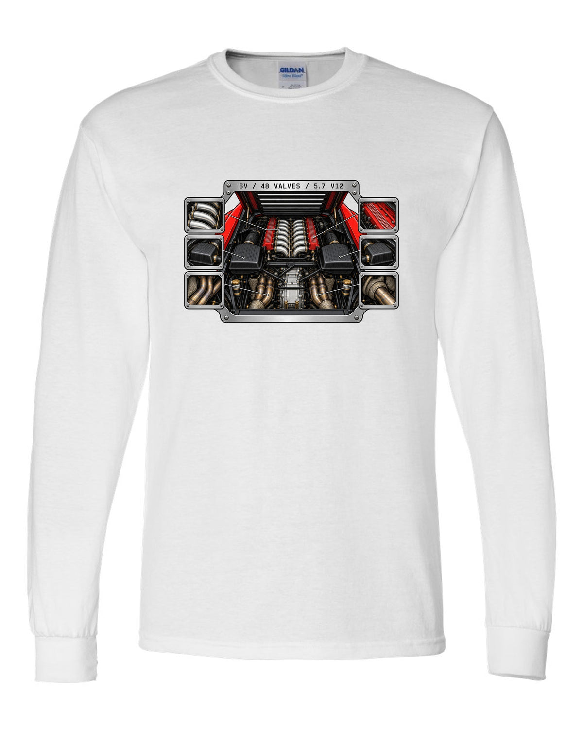 Spec-sheet data plate for a 1995 Lamborghini Diablo SV with 48 valves and 5.7 V12 white long sleeve front view with the design
