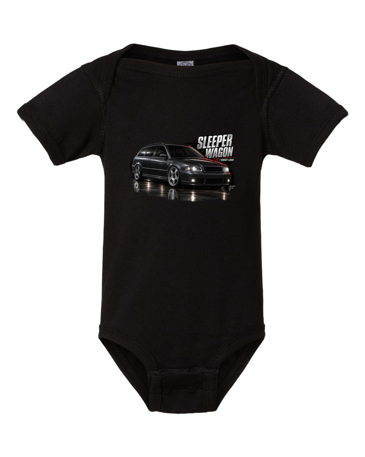 Audi S4 B5 Avant front three-quarter in garage with sleeper wagon 2.7T text black baby onesie front view with the design