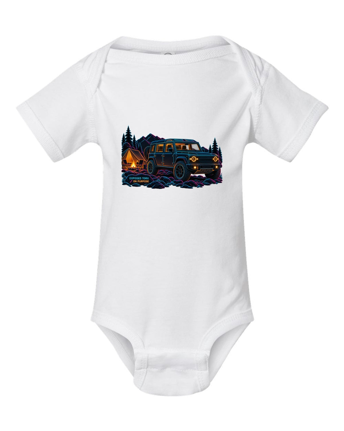 Neon line art print of a Land Rover Defender L663 110 at night camp with Exposed Torx text white baby onesie front view with the design