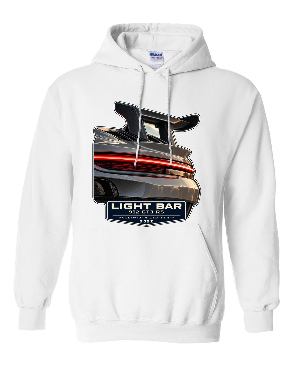 Porsche 992 GT3 RS taillight macro light bar print design white pull over hoodie front view with the design