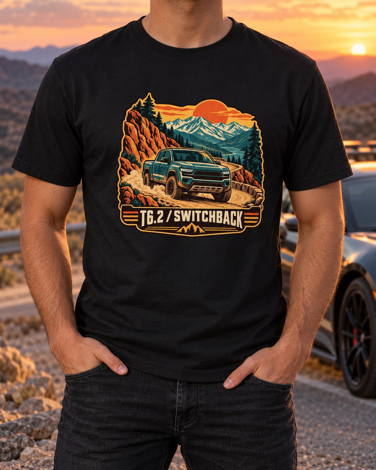 Ford Ranger T6.2 P703 Switchback Vintage Travel Poster Tee T-Shirt Black worn hero