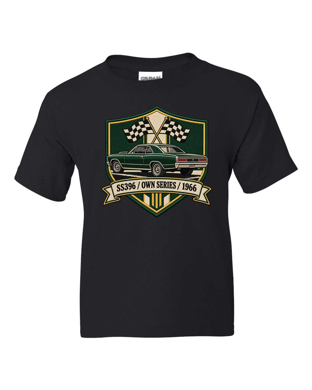 1966 Chevelle SS396 in an embroidery-style shield with text SS396 Own Series 1966 black kids tee front view with the design