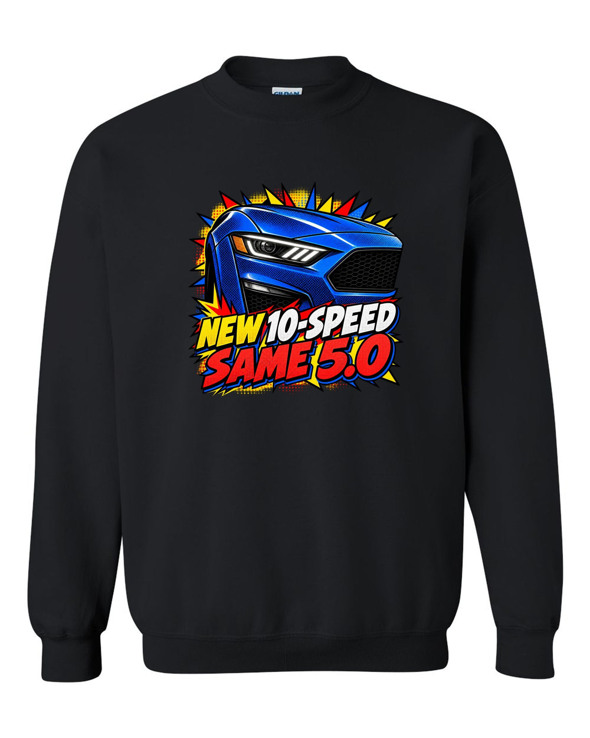 Comic halftone pop-art print of a 2018-23 Ford Mustang S550 GT front end black crewneck front view with the design