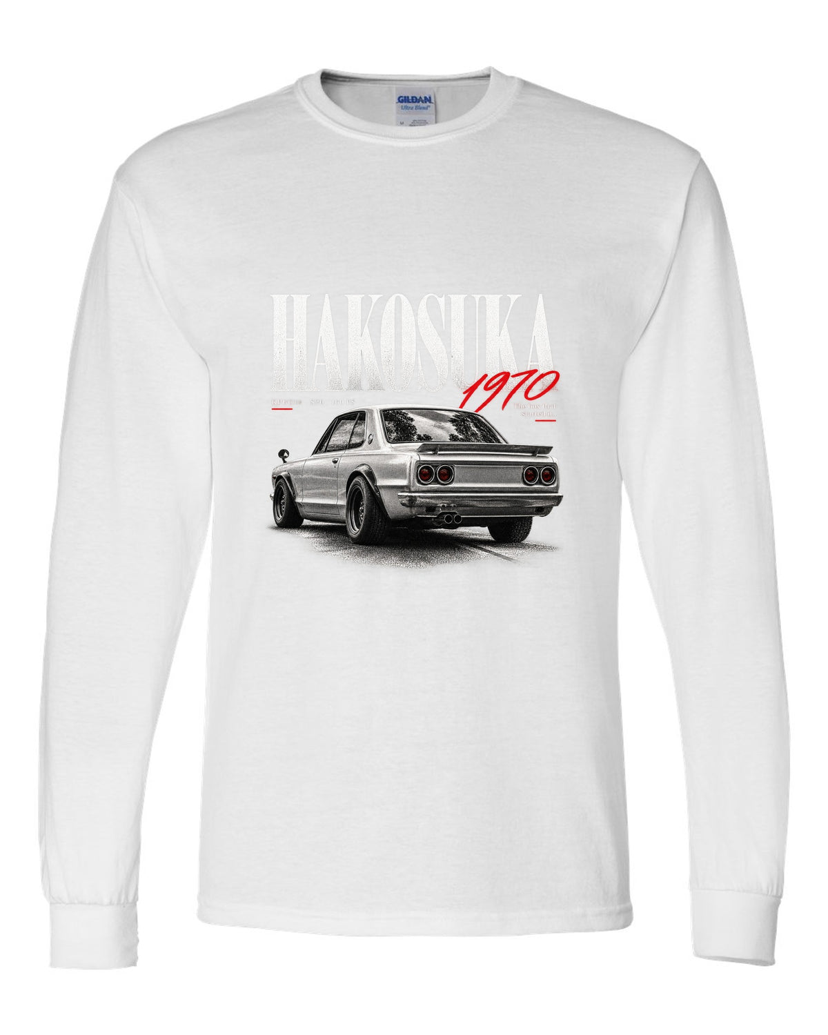 Editorial headline print of a Nissan Skyline 2000GT-R KPGC10 Hakosuka white long sleeve front view with the design