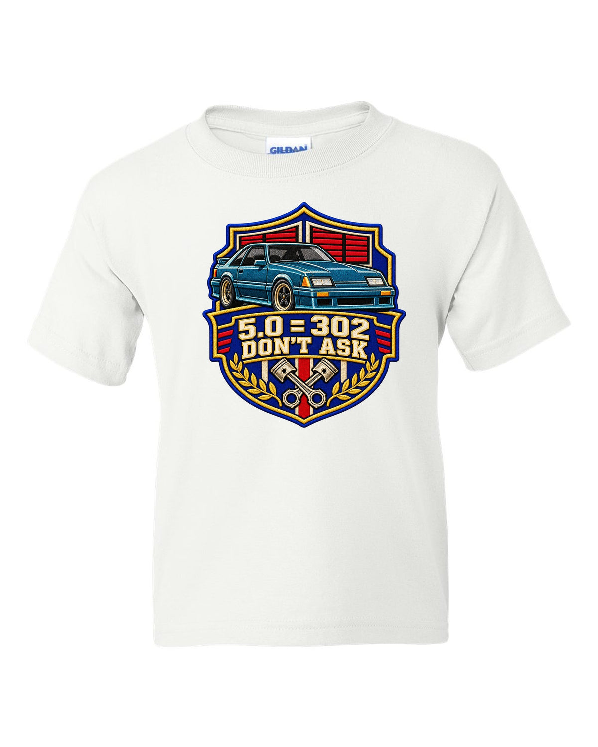 Embroidery-style varsity drag crest print for a Ford Mustang Fox Body chback white kids tee front view with the design