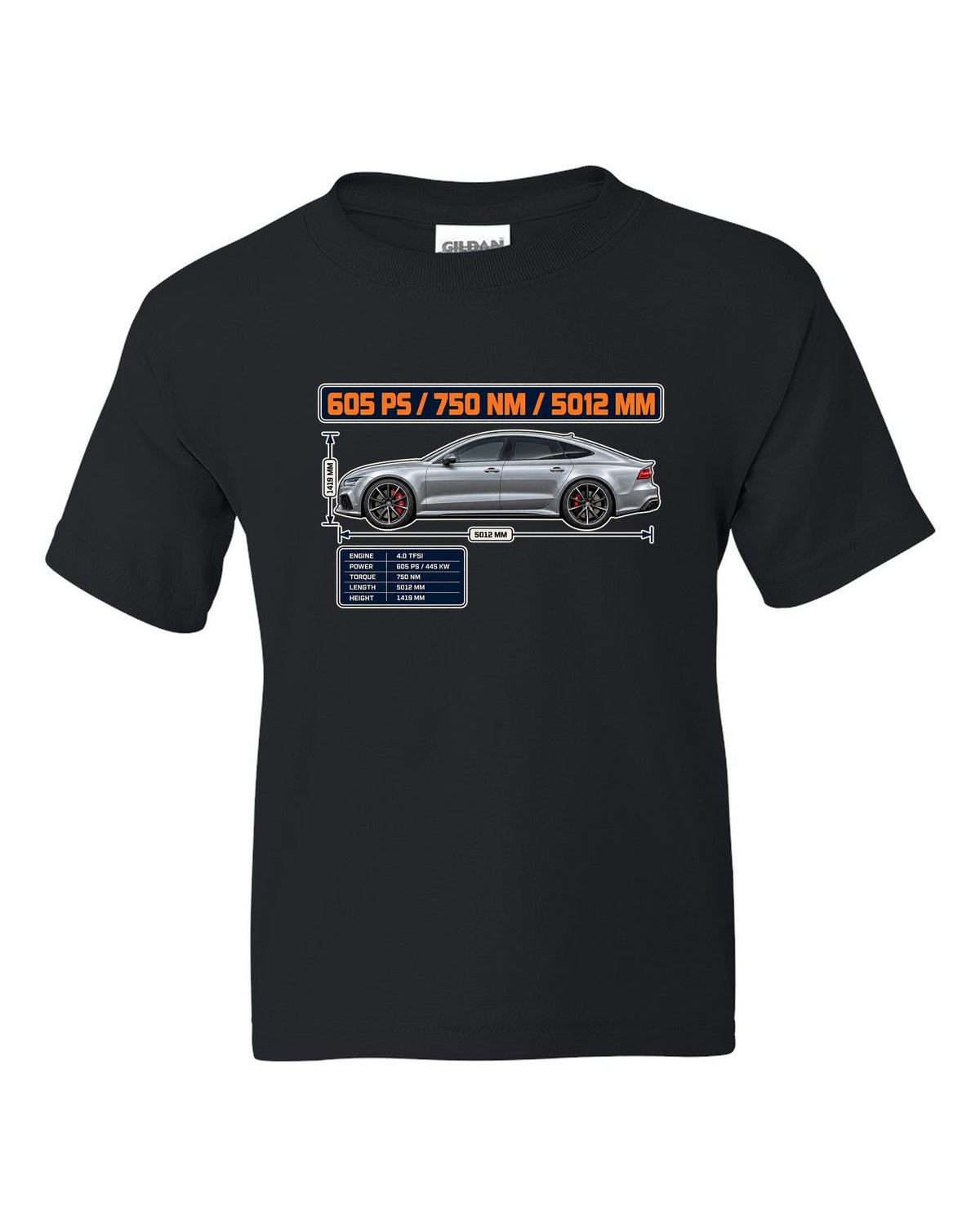 Audi RS7 Sportback performance C7 spec poster print black kids tee front view with the design