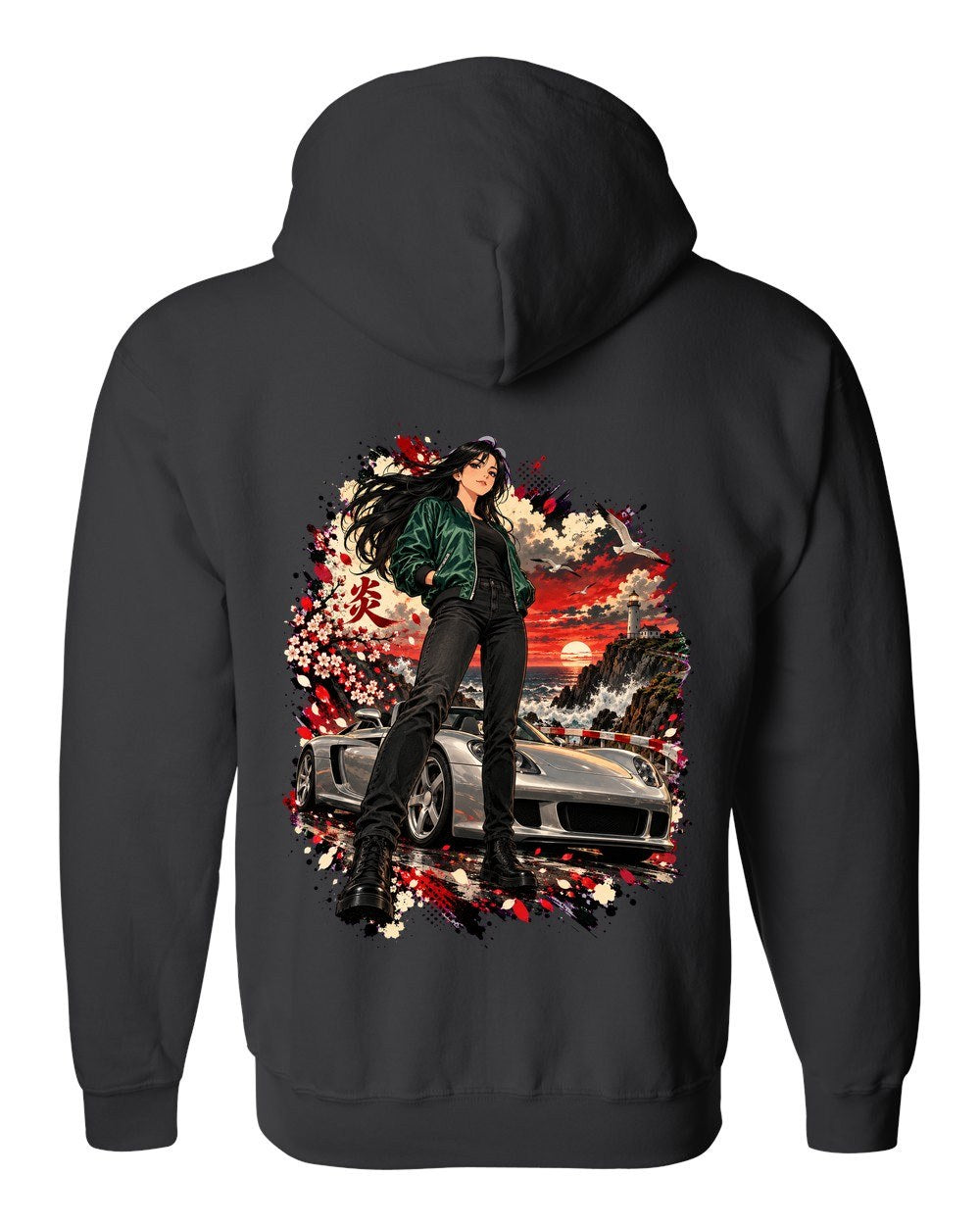 Porsche Carrera GT Anime Girl Zip Hoodie Black back