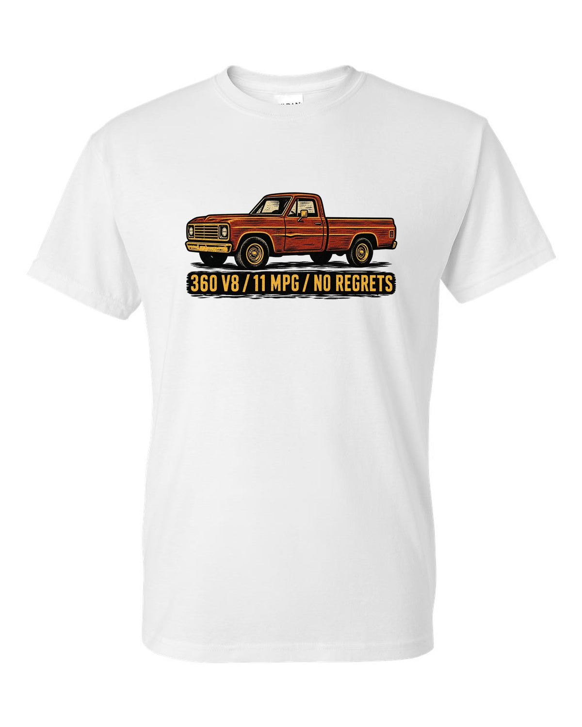 Dent-Side Ford F-150 1973-79 Crease Linocut white t-shirt front view with the design
