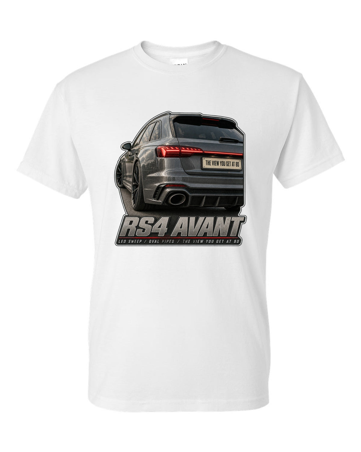 Audi RS4 Avant B9 rear taillight macro with LED sweep and oval pipes print white t-shirt front view with the design
