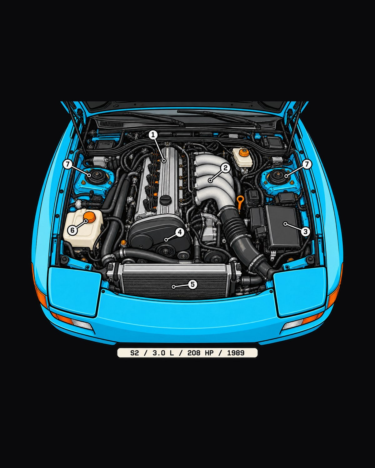Porsche 944 S2 Engine Bay Callout Diagram Shirt, 1989 design only