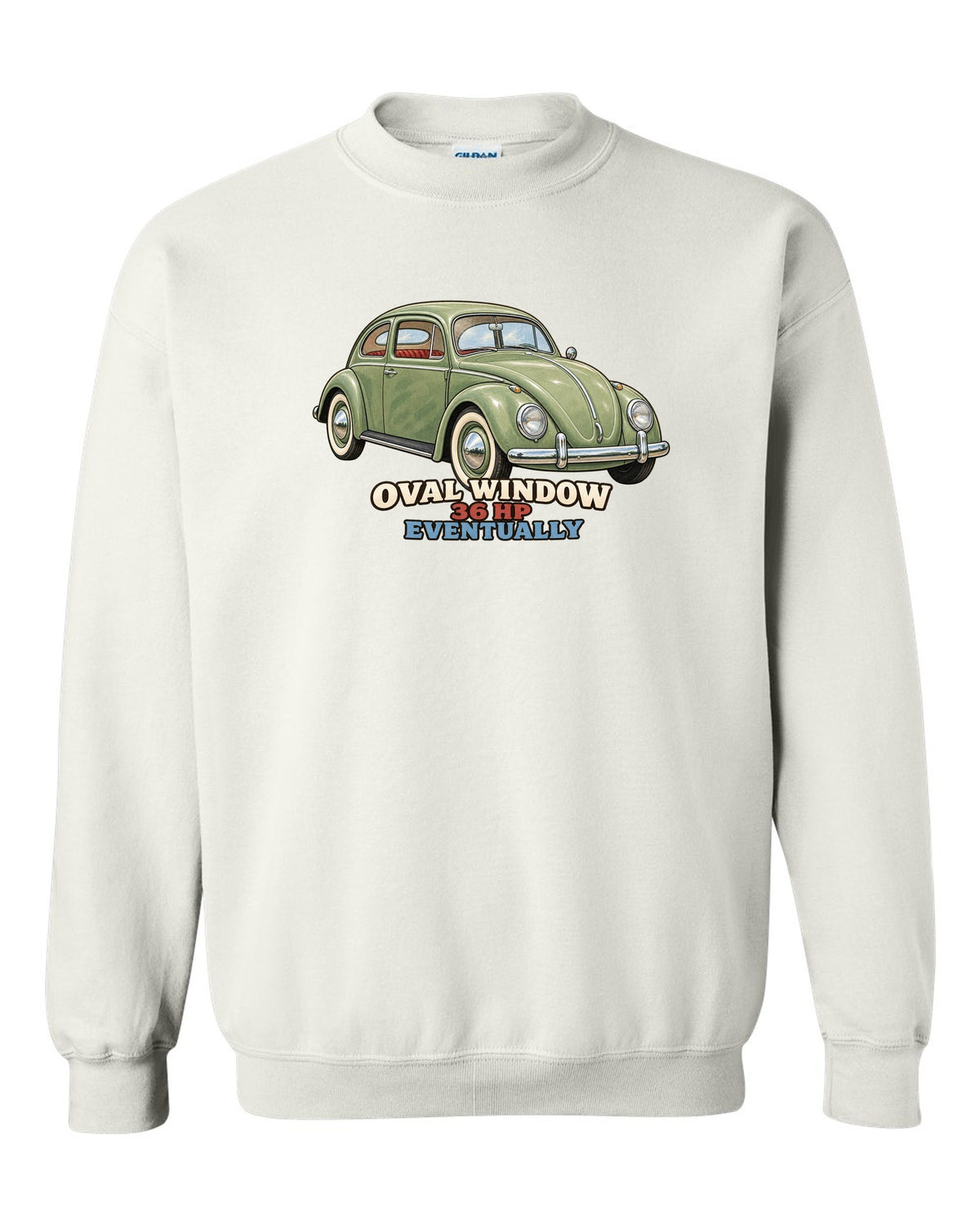 Gouache painted print of a 1956 VW Beetle Type 1 oval window with 36 HP lettering white crewneck front view with the design