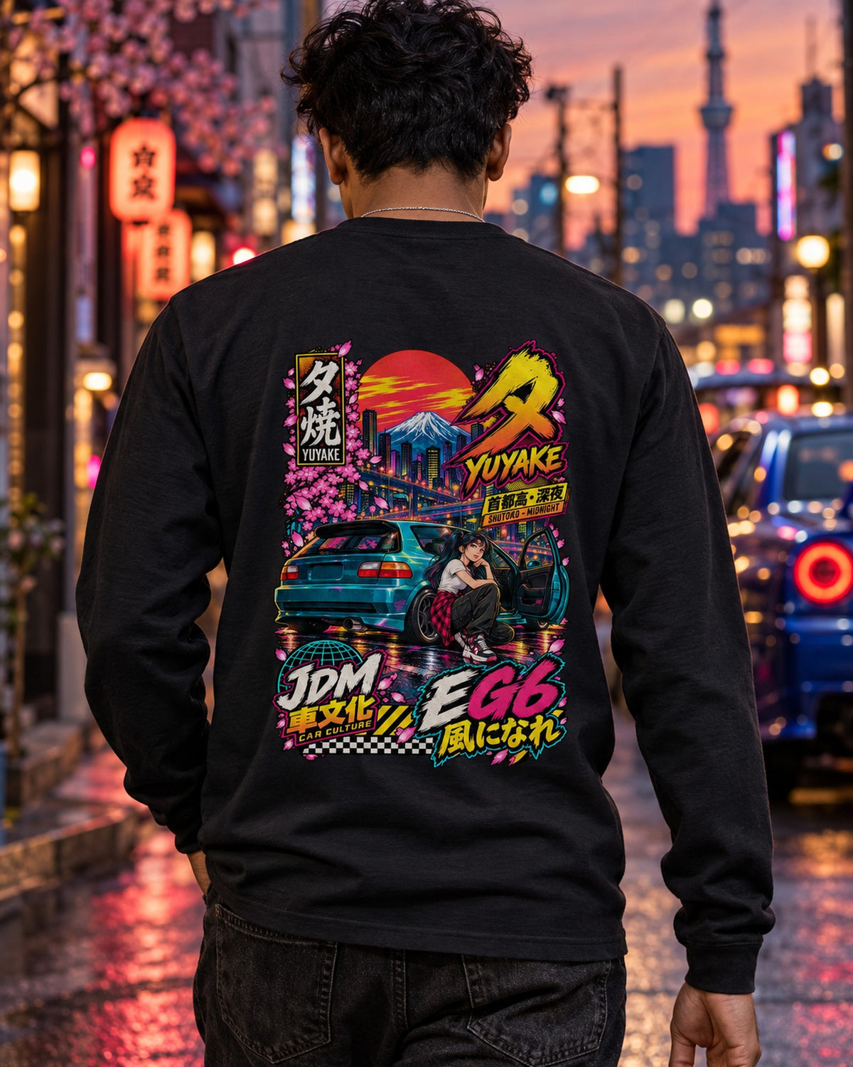 YUYAKE EG6 Anime Girl Full-Back Graphic Tee Long Sleeve Black worn hero
