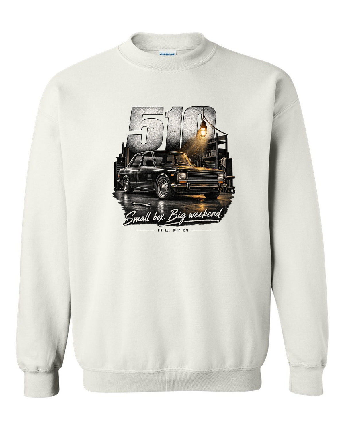 Garage night print of a Datsun 510 sedan with L16 1.6L 96 HP text white crewneck front view with the design