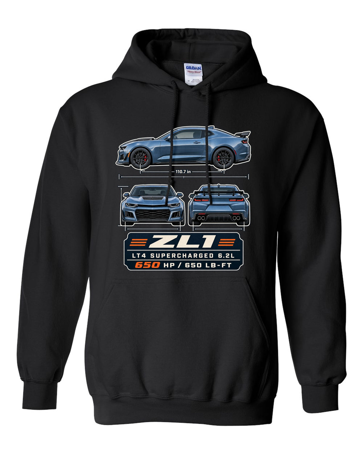 Three-view plate print of a 6th generation Chevrolet Camaro ZL1 black pull over hoodie front view with the design
